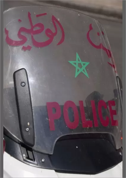 Morocco, Tetouan. Police motortcyle windshield with Arabic writing