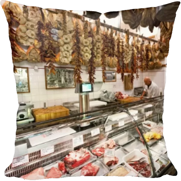 Italy, Tuscany, Greve. Salumi market in Greves main square