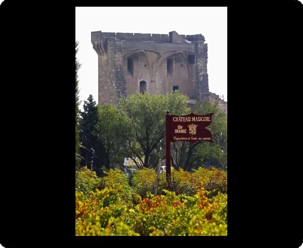 Popes summer palace over the vineyards. A sign to Chateau Maucoil, Chateauneuf-du-Pape