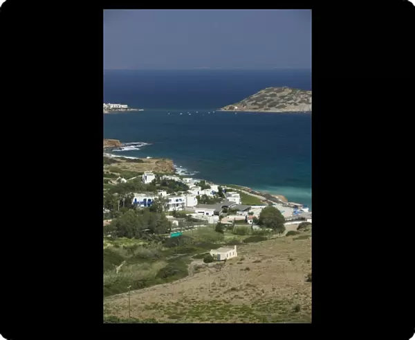 GREECE, CRETE, Lasithi Province, Mohlos: Resort Town View with Agios Nikolaos Island