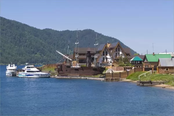 Baikal Legend Hotel with boats at Listvyanka in Lake Baikal near Irkutsk in Siberia