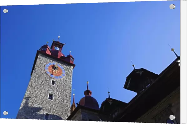 Skyward view Town Hall clock tower, built in Italian Renaissance style, Lucerne