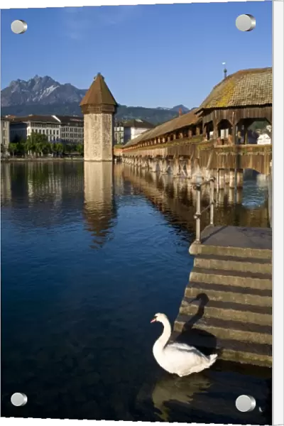 Wasserturm, Kapellbrucke, River Reuss, Pilatus mountain, Luzern or Lucerne, Switzerland