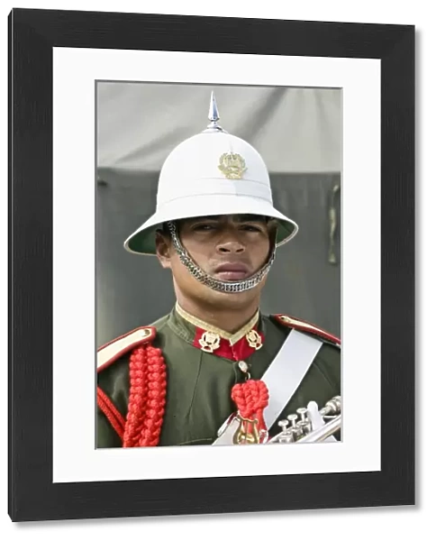 New Caledonia, Grande Terre Island, Noumea. Army Day Festival, Army of Tonga Marching Band member