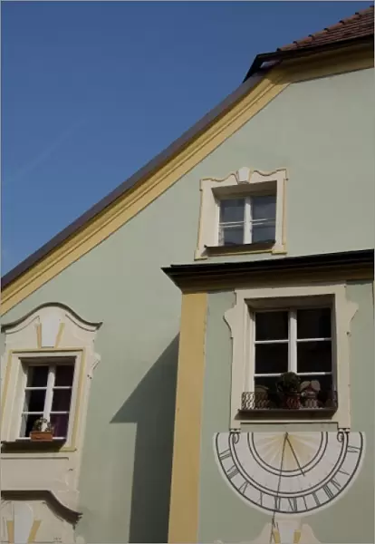 Germany, Bavaria, Passau. Historic sundial painted on wall
