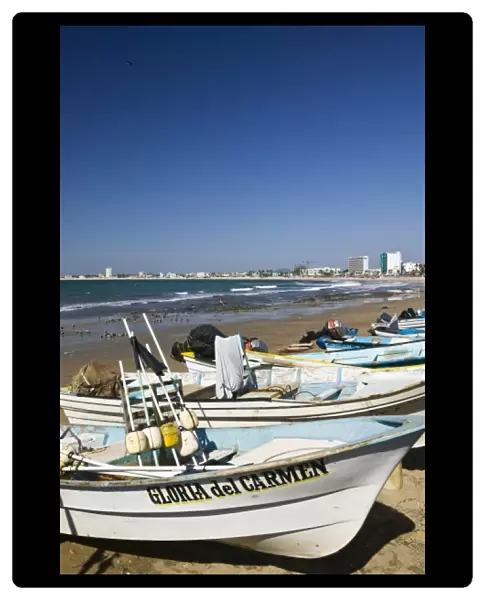 Mexico, Sinaloa State, Mazatlan. Playa Norte Beach- Fishing Boats