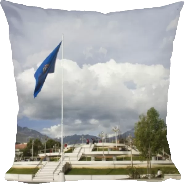 Pavilion with flag poles in center of city, Huaraz, Peru