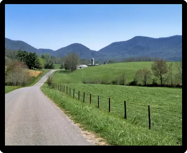 USA, North Carolina, Asheville. A winding road leads to an isolated farm in the hills