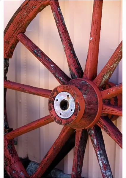 Santa Fe, New Mexico, USA. Old western wagon wheel