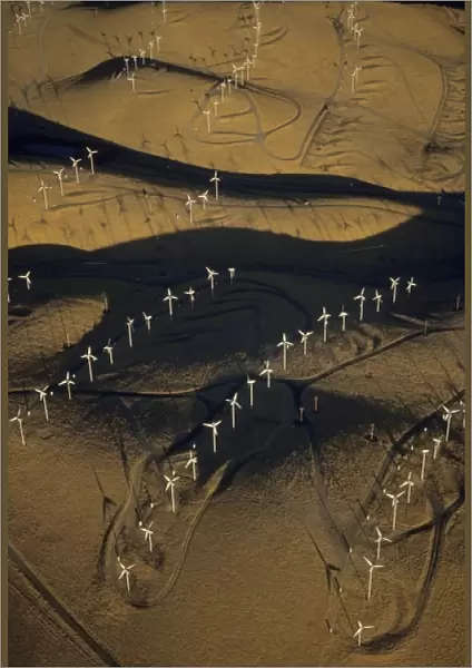 USA, California, Altamont Pass, aerial of wind generators on dry hillside