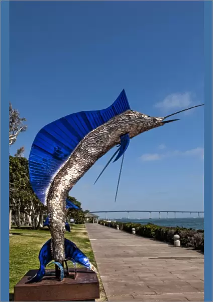 Giant marlin statue on Seaport Village pier, San Diego Bay, California