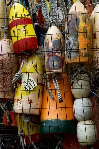 Stock photo of bouys hung on a fence at a shipyard
