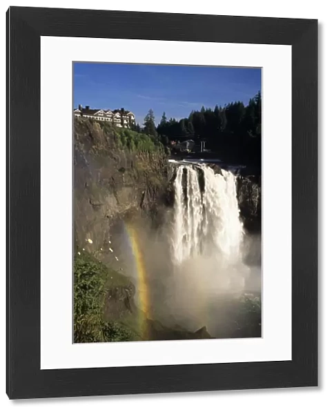 WA, Snoqualmie, Snoqualmie Falls and Salish Lodge with rainbow, 268 falls
