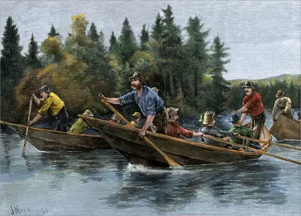 Racing heavy canoes on a northern river, 1800s