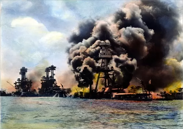 Three U. S. battleships stricken during the Japanese attack on Pearl Harbor, 7 December 1941. Left to right: USS West Virginia, severely damaged; USS Tennessee, damaged; USS Arizona, sunk