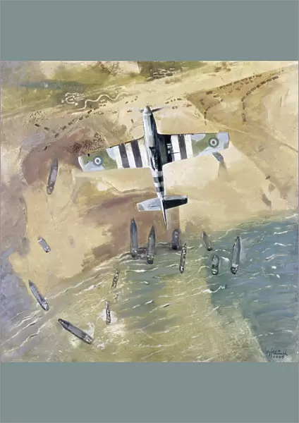 An RCAF Spitfire airplane over the beaches of Normandy after the D-Day invasion on 6 June 1944. Painting by Eric Aldwinkle, 1945