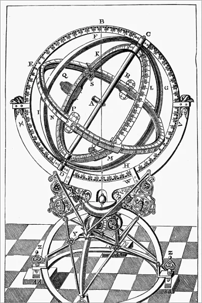 An old instrument with sights for roughly marking the positions of the celestial bodies before the invention of the sextant. Line engraving