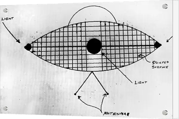 A drawing made by the sheriffs department in Washtenaw County, Michigan, which was reportedly seen by farmers and deputies in March 1966. It was shiny with a quilted surface and had colored lights
