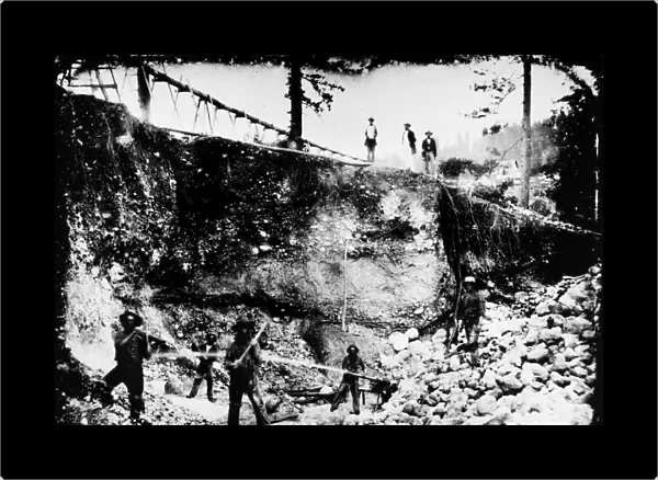 Hydraulic mining at Michigan City (later Michigan Bluff) in the Sierra Nevada mountains of California. From a daguerreotype, 1850s
