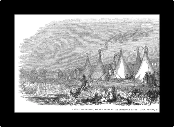 A Sioux encampment on the banks of the Minnesota River. Wood engraving after a sketch by Edwin Whitefield, 1857