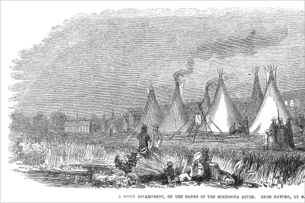 A Sioux encampment on the banks of the Minnesota River. Wood engraving after a sketch by Edwin Whitefield, 1857