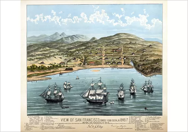 View of San Francisco, formerly Yerba Buena, in 1846-7, before the discovery of gold. Lithograph, c1884