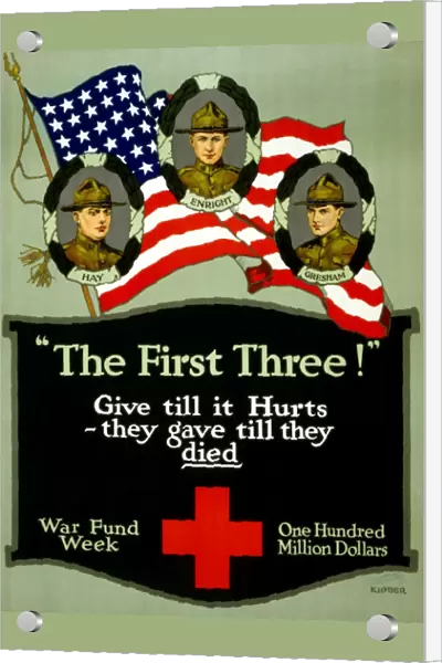 American Red Cross fundraising poster with three portraits of the first soldiers killed during World War I: Merle David Hay, Thomas Enright and James Bethel Gresham. Lithograph, 1917
