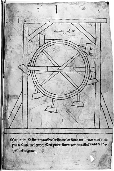 (c1225-c1250). French architect. Page from Villards sketchbook showing a design for a perpetual motion machine