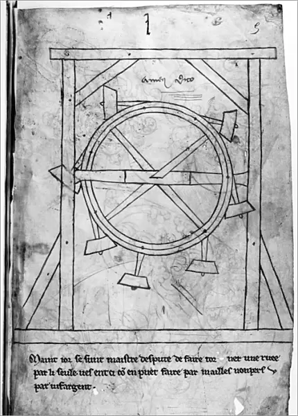 (c1225-c1250). French architect. Page from Villards sketchbook showing a design for a perpetual motion machine