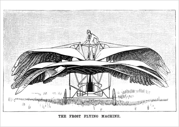 A flying machine invented by Edward P. Frost of England in 1891, with wings of artificial feathers: contemporary drawing
