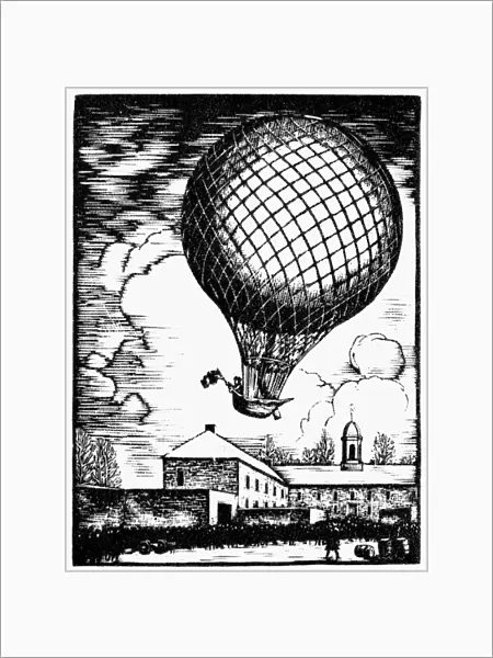 Jean Pierre Blanchard and a small dog ascend from the Walnut Street Prison yard in Philedelphia for the first balloon flight in the United States, 9 January 1793. Wood engraving