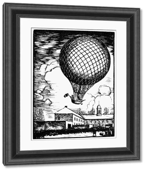 Jean Pierre Blanchard and a small dog ascend from the Walnut Street Prison yard in Philedelphia for the first balloon flight in the United States, 9 January 1793. Wood engraving