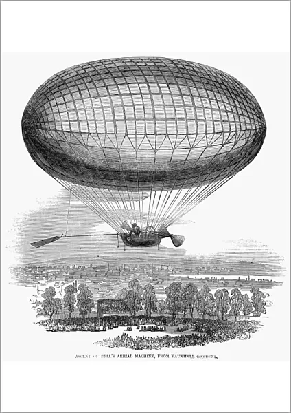 Ascent of a balloon from Vauxhall Gardens, London. English newspaper engraving, 1850