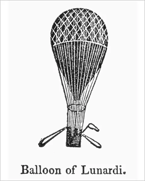 Hot air balloon designed by Vincenzo Lunardi, an 18th century Italian aeronaut. Wood engraving, American, c1835