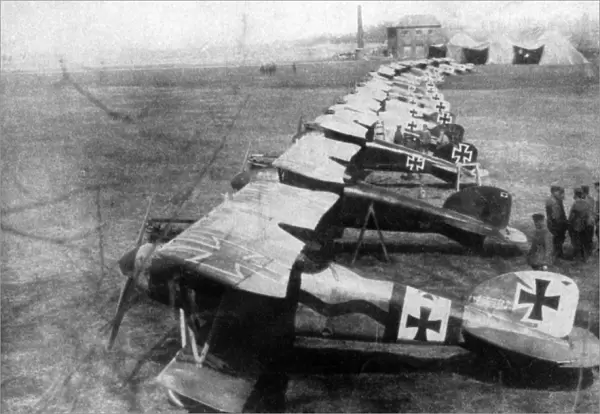 A German squadron of airplanes photographed before take-off during World War I
