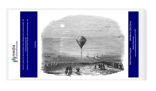 Descent of M. Godards hot air balloon into the English Channel, at Boulogne, France. Wood engraving, English, 1848