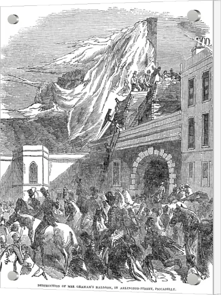 Crash of Margaret Grahams hot air balloon at Arlington Street in Piccadilly, London, England. Wood engraving, English, 1851