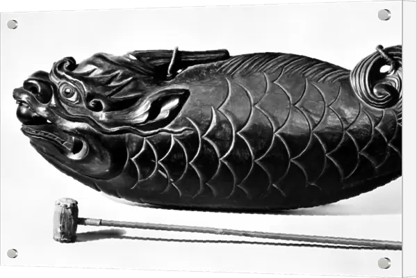 Japanese wooden drum in the shape of fish (Mokugyo), used in Buddhist temple ceremonies, c1889