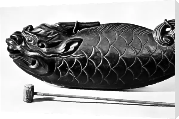 Japanese wooden drum in the shape of fish (Mokugyo), used in Buddhist temple ceremonies, c1889