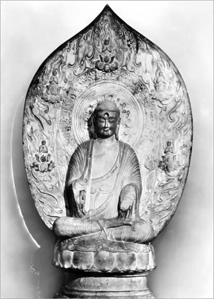 Buddha in meditation. White marble with traces of polychrome. Height: 64 in. Liao Dynasty, northern China, 11th century