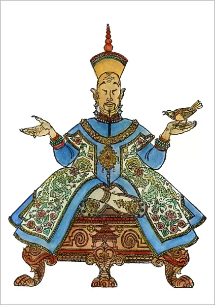 The Emperor of China with the nightingale. Drawing by Arthur Szyk for the fairy tale by Hans Christian Andersen