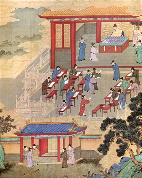 Officials of several Chinese cities compose essays designed to demonstrate their knowledge of Confucian texts, at the court of T ang emperor Ming Huang (712-756), who supervises the examination from a pavilion at the rear. Chinese painting