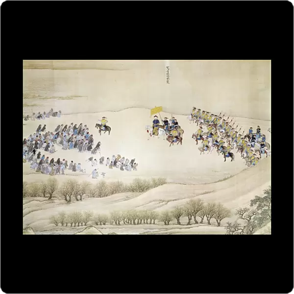 K ang Hsi, Ch ing emperor of China (1661-1722), on an inspection tour in the south. Painted silk scroll, 1689