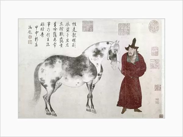 A Mongol groom leading a horse to be presented as tribute to the Chinese court. Detail of a painted handscroll by Chao Yung, Yuan Dynasty, 1347, after the Sung Dynasty artist Li Gonglin (1049-1106). Ink and color on paper