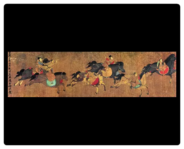 Equestrian acrobats in a Mongol circus. Left detail of a painted silk handscroll, Yuan or early Ming Dynasty, 13th-15th century, after Chao Meng Fu (1254-1322)
