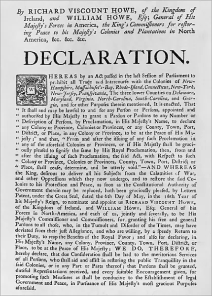 HOWE DECLARATION, 1776. Declaration by Richard Viscount Howe and his brother, General