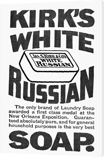 WHITE RUSSIAN SOAP AD, 1887. American advertisement for Kirks White Russian Soap, 1887