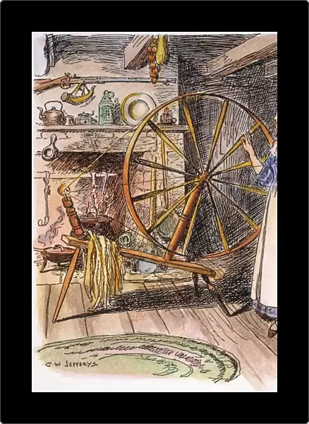 COLONIAL SPINNER, 18th C. Spinning at the hearth of a colonial American home. Illustration by C