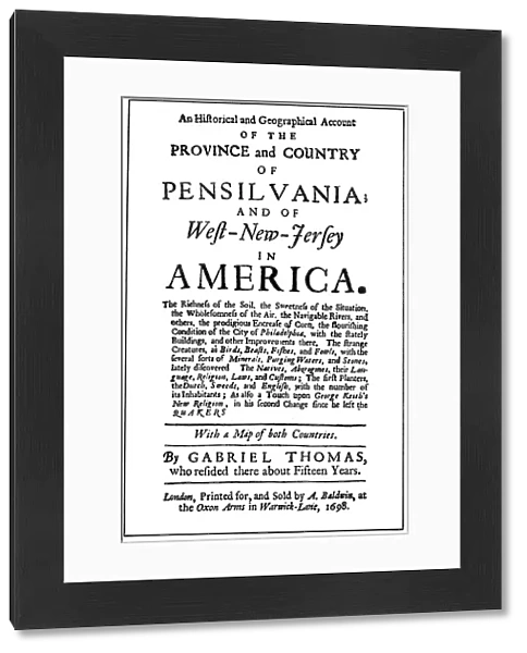 COLONIAL PAMPHLET, 1698. Title-page of Gabriel Thomas promotional pamphlet for Pensilvania