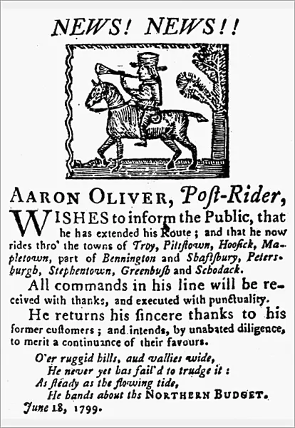 MAIL SERVICE, 1799. Woodcut advertisement from The Northern Budget, Troy, New York